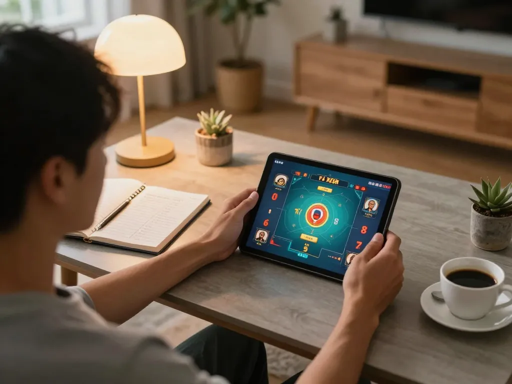 Tài xỉu online uy tín being played on a tablet during cozy home gaming setup, featuring betting strategy notes.