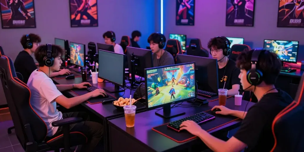 DU88 gaming lounge with players intensely focused on their screens.