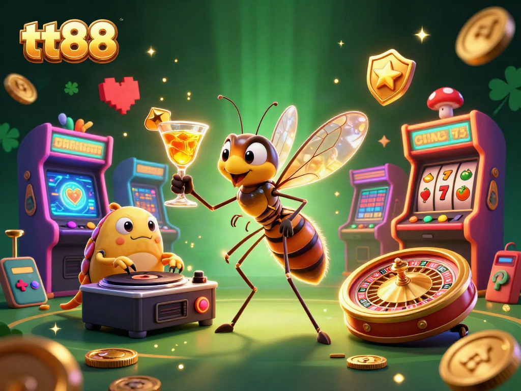 Experience the excitement of tt88 with a lively 3D casino scene featuring unique characters and vibrant game elements.