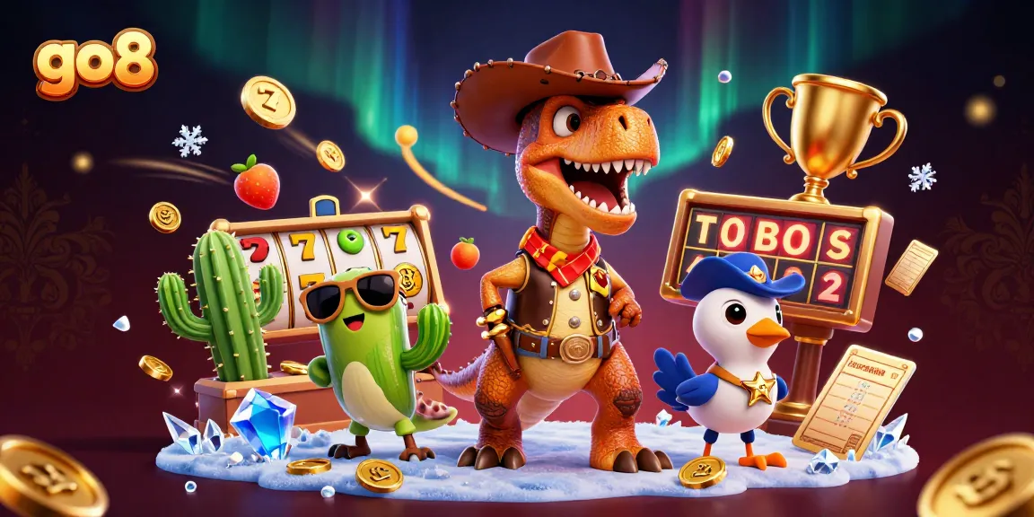 Experience go8's thrilling slots with a T-Rex cowboy and colorful casino elements.
