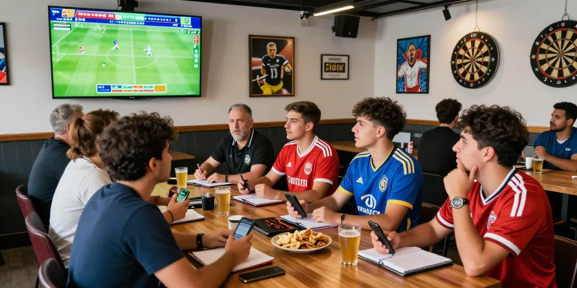 Dynamic scene of fans discussing nhận định kèo bóng đá in a lively sports bar during a match, showcasing excitement and engagement.