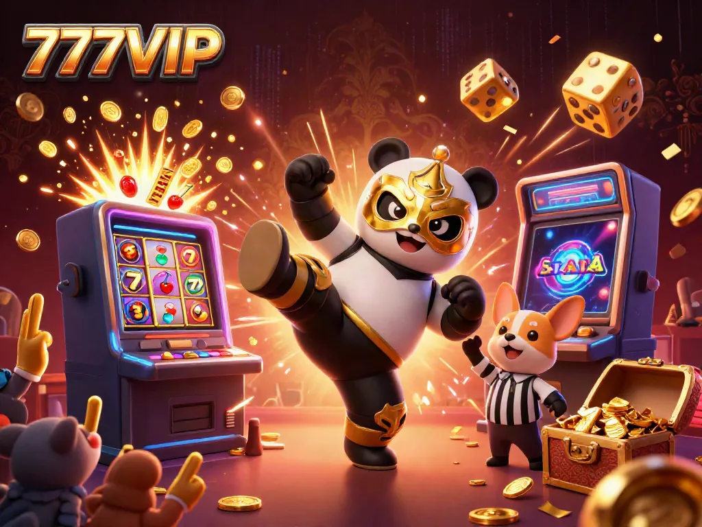 Witness thrilling casino excitement with 777VIP as a 3D panda wrestler soars through a vibrant slot game scene.