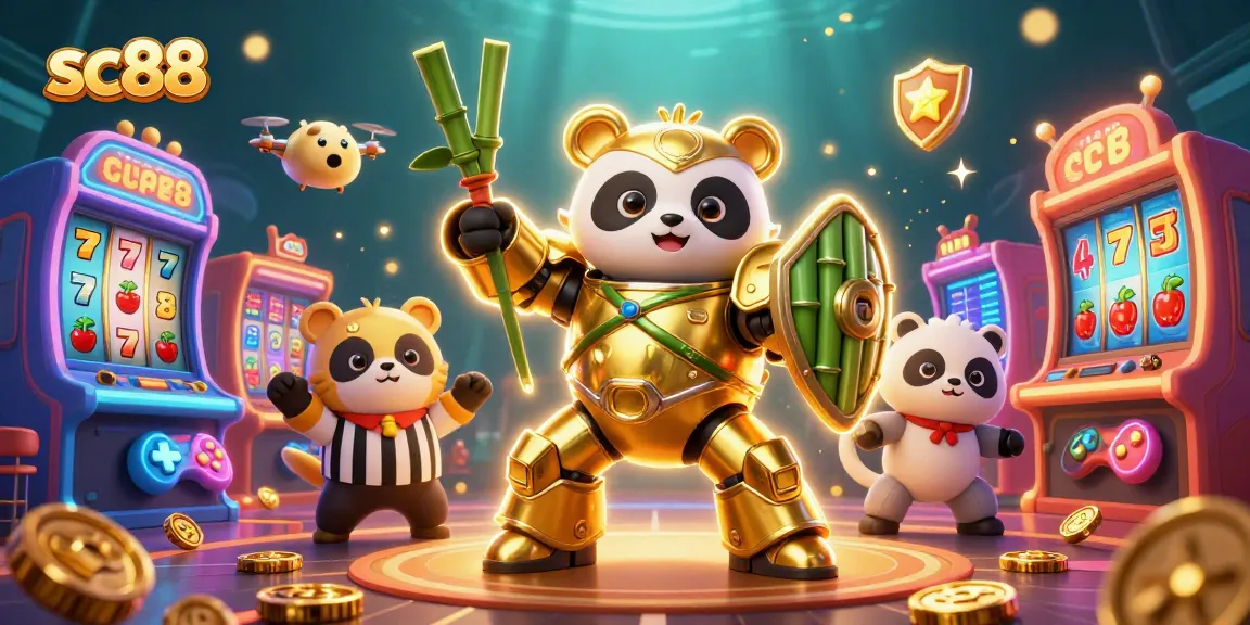 Engage in the thrilling world of sc88 with a vibrant golden panda casino scene featuring dynamic slot game elements.