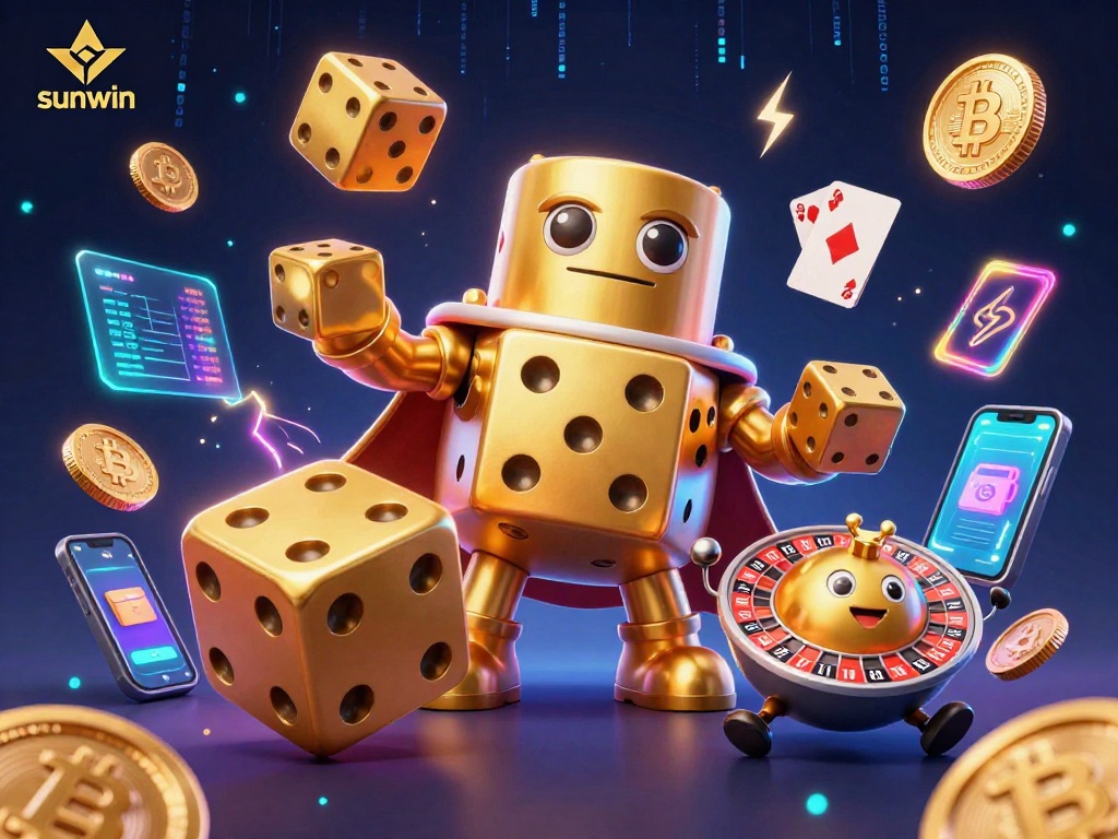 Win big with sunwin's golden dice golem in this vibrant casino scene, showcasing crypto elements!