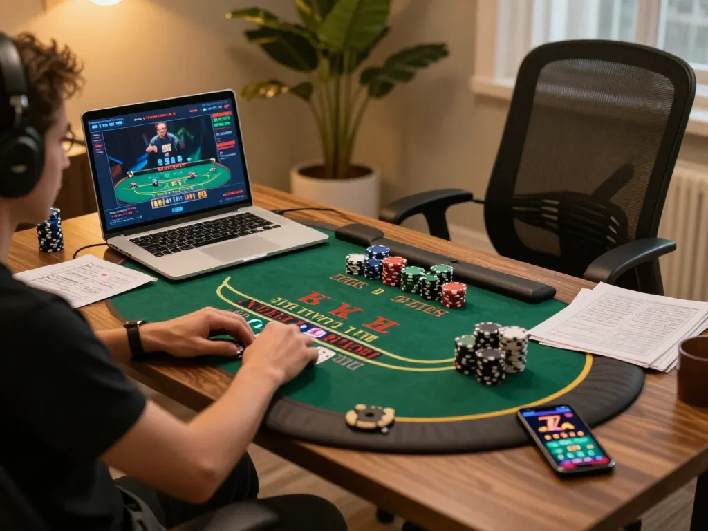 A player enjoying a live blackjack game on 45678 casino app in a cozy home setting.