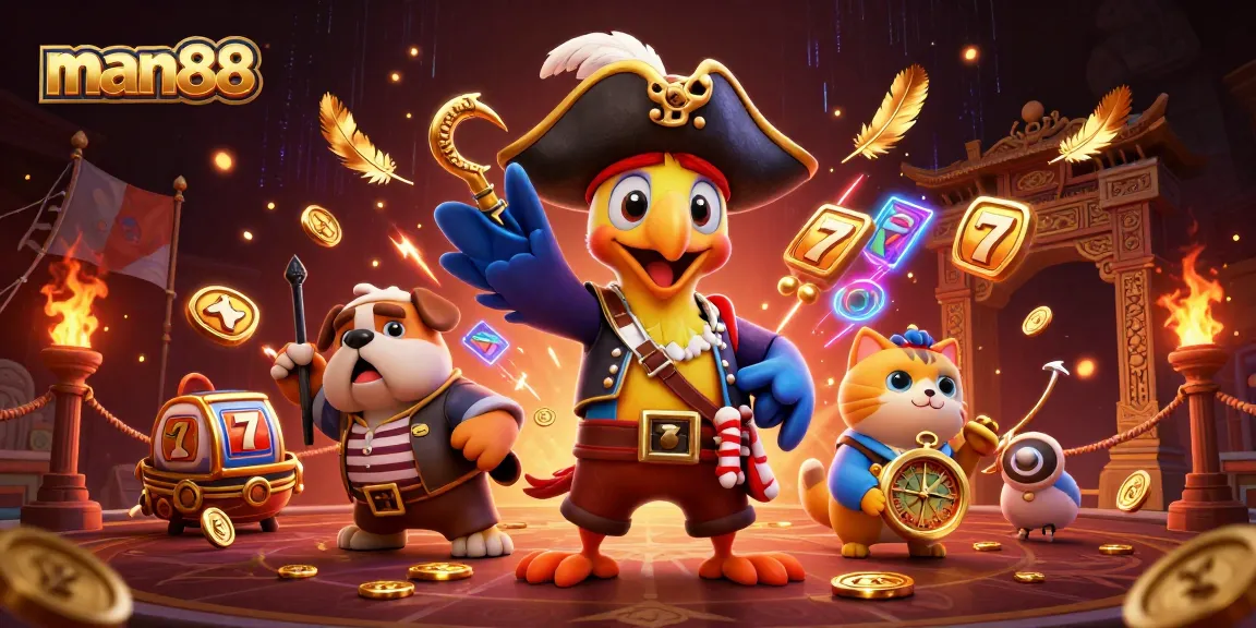 Experience thrilling casino action with man88's cartoon pirate characters and slot elements.