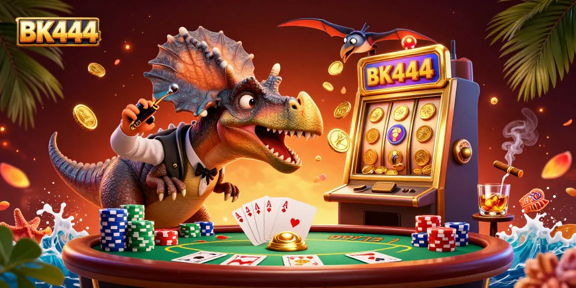 BK444 casino features a 3D illustration of a pachycephalosaurus themed around dynamic slot machine jackpots.