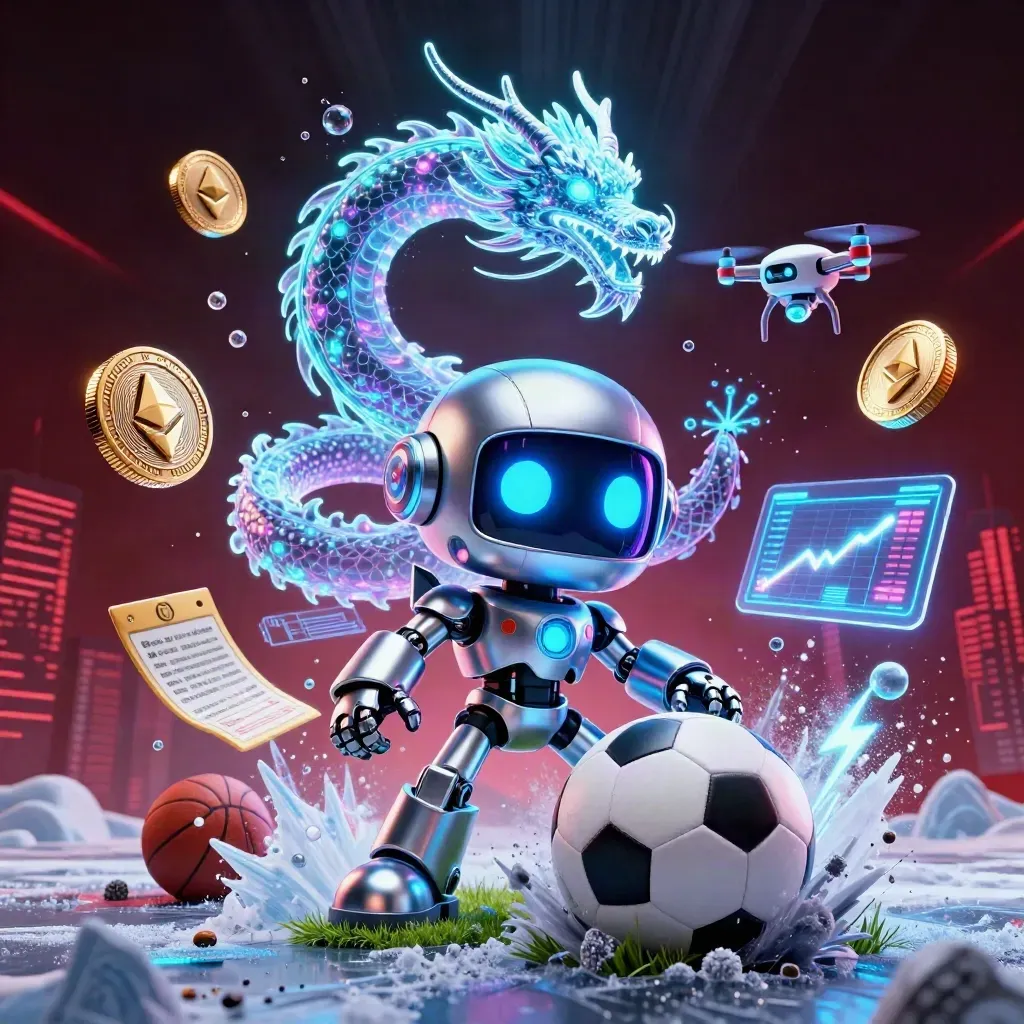 Robô cibernético e dragão holográfico em cena de futebol urbano com moedas e luz neon.
