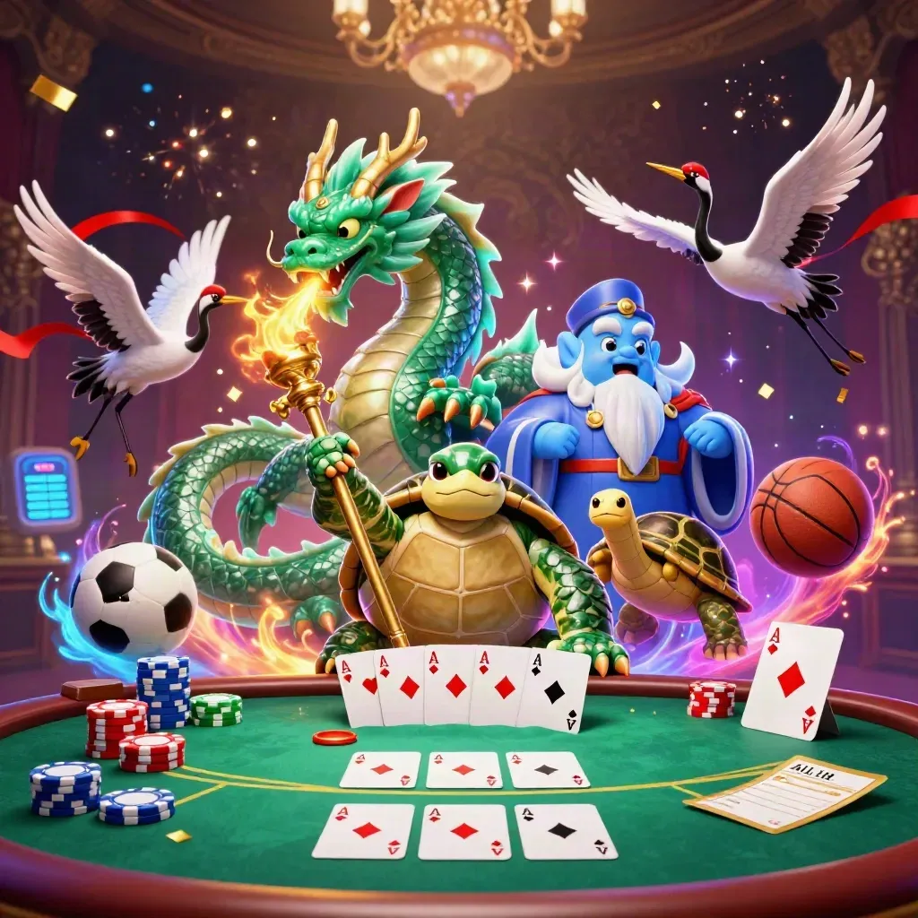 Dragão esmeralda, tartaruga sábia e guindastes entre cartas, fichas e fogo dourado.