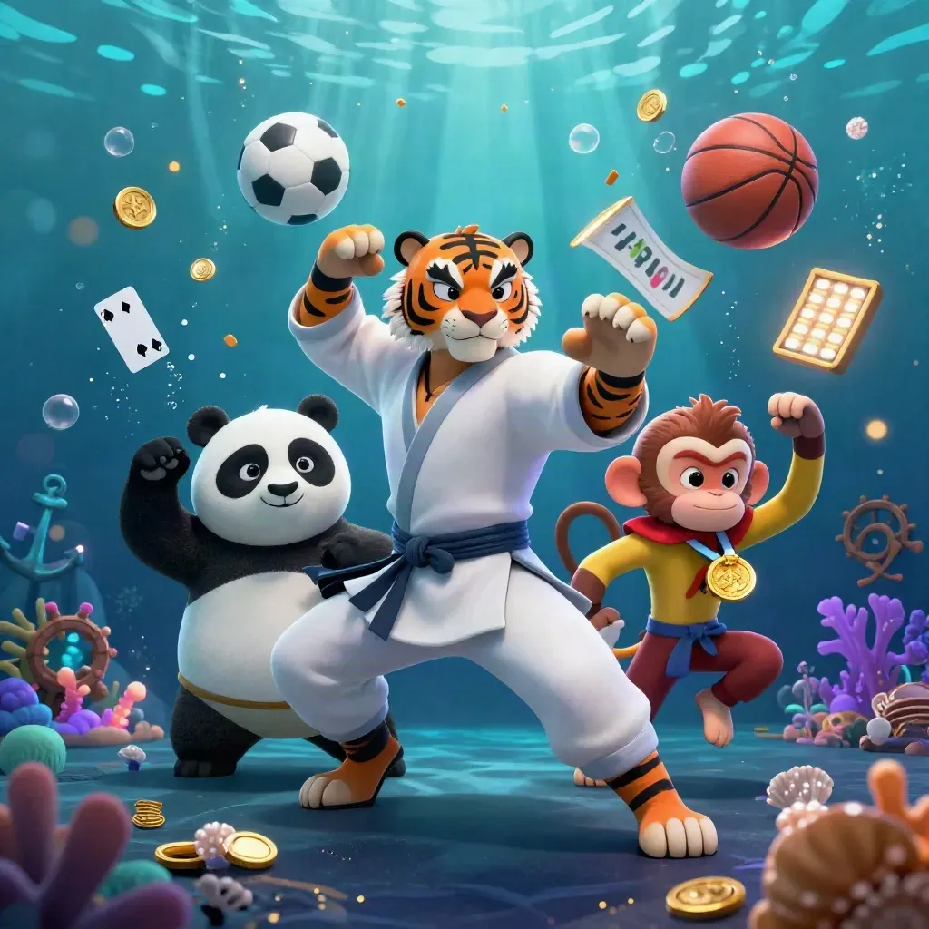 Trio de animais kung-fu subaquático com bolas, moedas e coral brilhante.