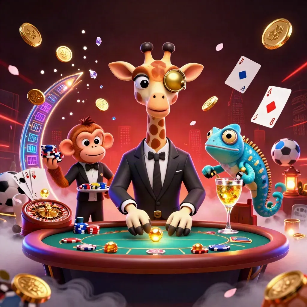 Girafa, macaco e camaleão em mesa de pôquer, moedas douradas e neon em cassino vibrante.
