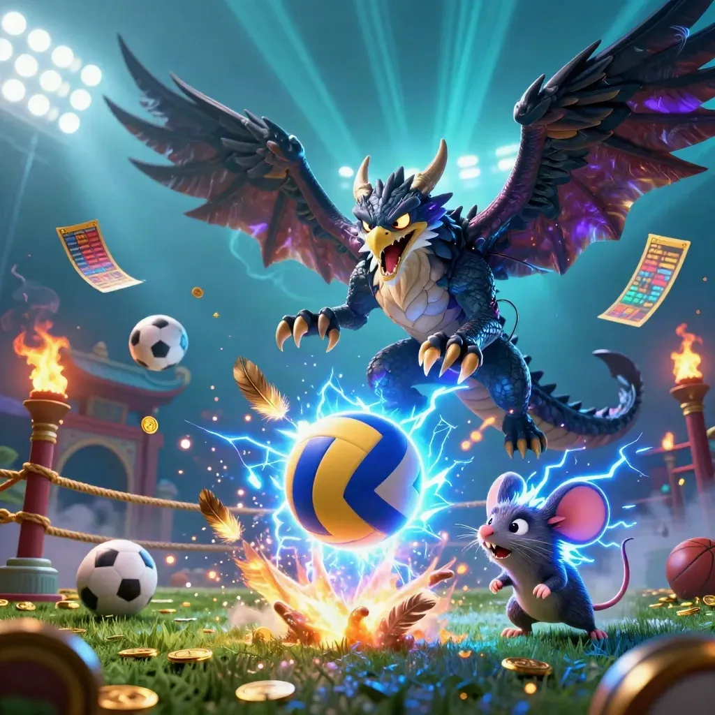 Dragão elétrico, falcão e rato em ataque de vôlei com luz neon, moedas e bola voando.