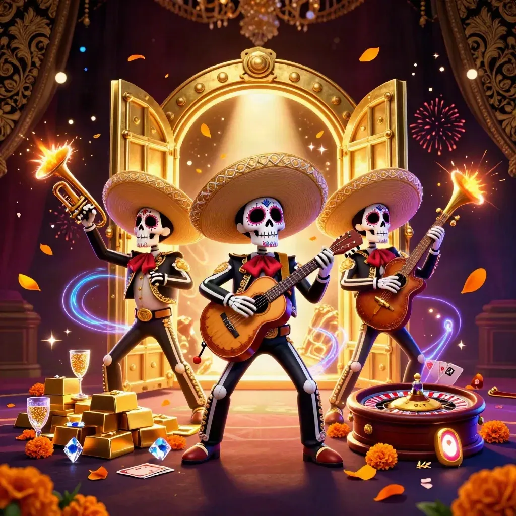 Trio de esqueletos mariachi em cassino luxuoso, com ouro, gemas e luz dourada.