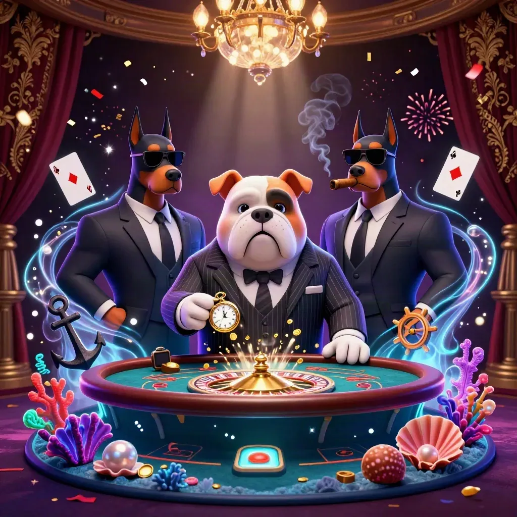 Bulldog mafioso 3D com dois Dobermans, mesa de cassino luxuosa e tesouro submerso azul e roxo