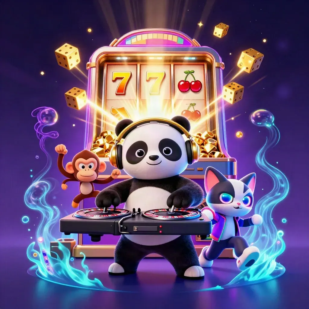 Panda DJ, macaco dançarino e gatinho neon com caça-níquel, joias e luz roxa.