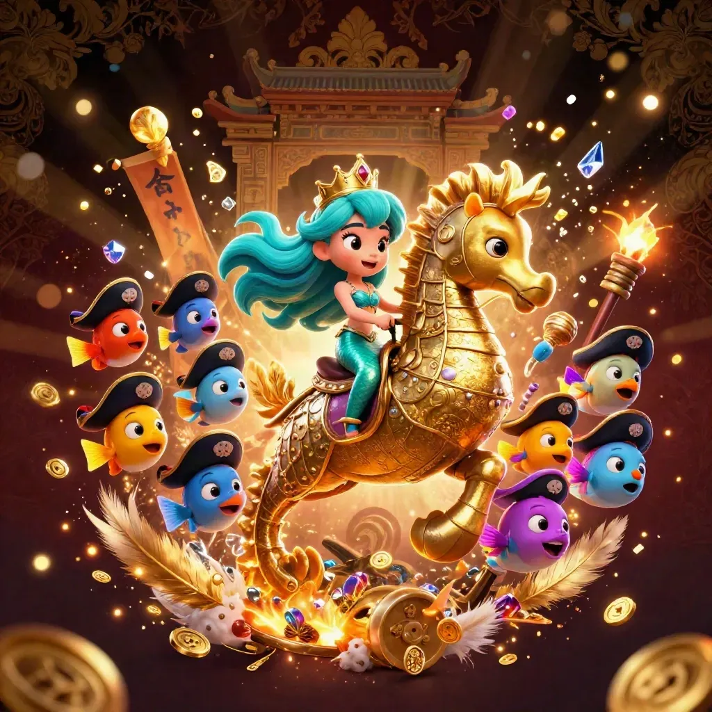 Princesa sereia 3D sobre cavalo-marinho dourado, peixes piratas, moedas e templo em luz neon.