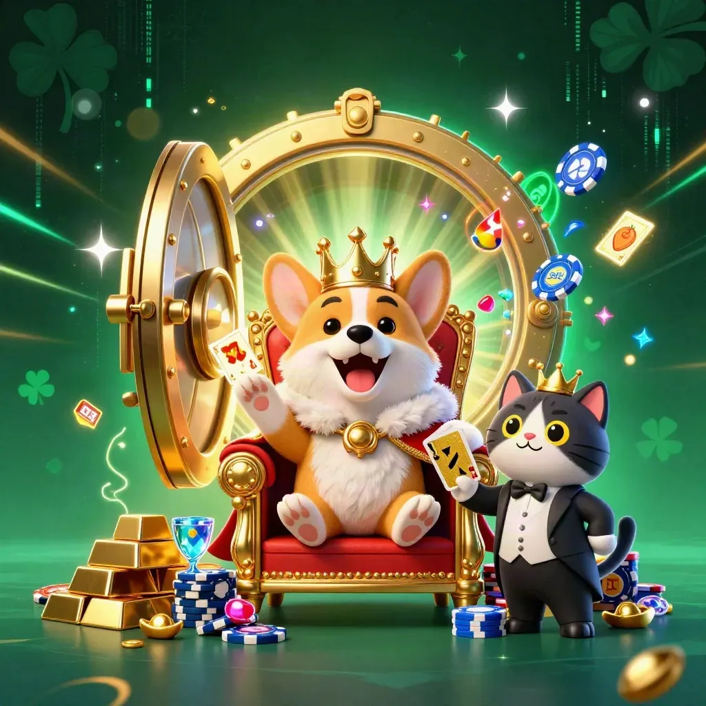 Corgi real coroado e gato mordomo diante de cofre dourado, gemas e energia neon.