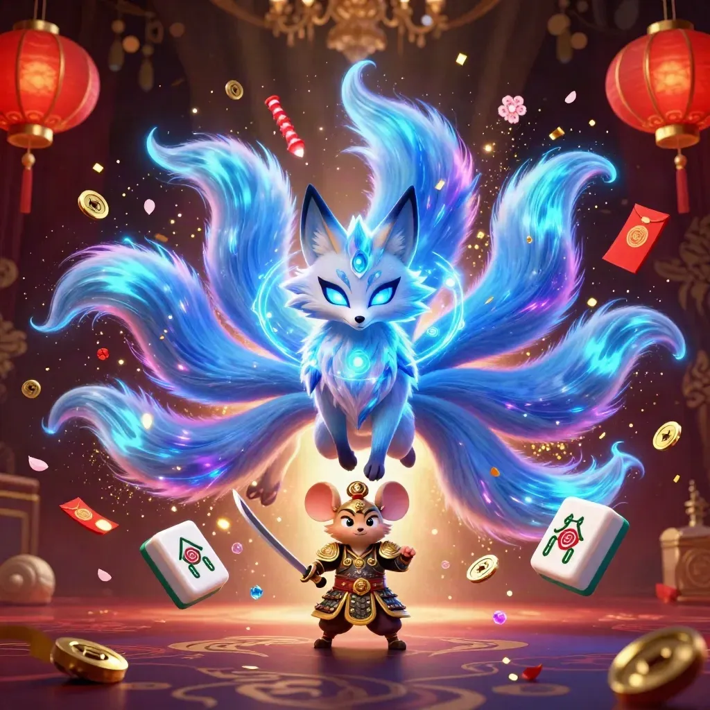 Raposa espiritual de nove caudas e rato samurai dourado entre lanternas, moedas e brilhos neon.