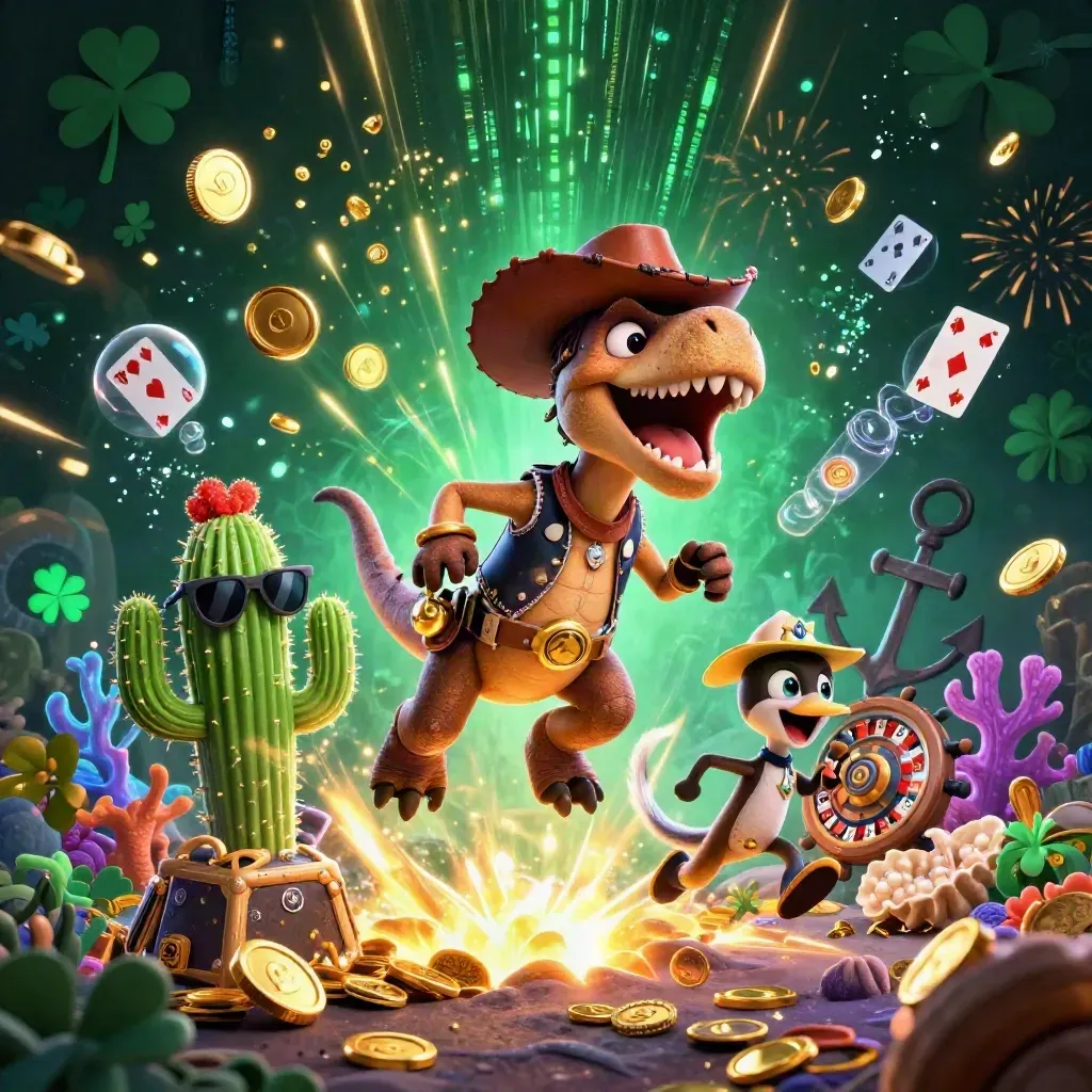 T-Rex cowboy, cacto e roadrunner entre moedas, corais e relâmpagos neon.