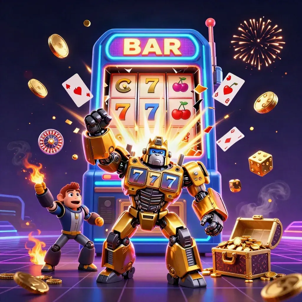 Macaco robô dourado explodindo em jackpot com moedas, cartas e fogos neon