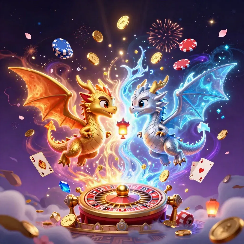 Dois dragões 3D, ouro e prata, com moedas, roleta e cartas num explosão mágica.