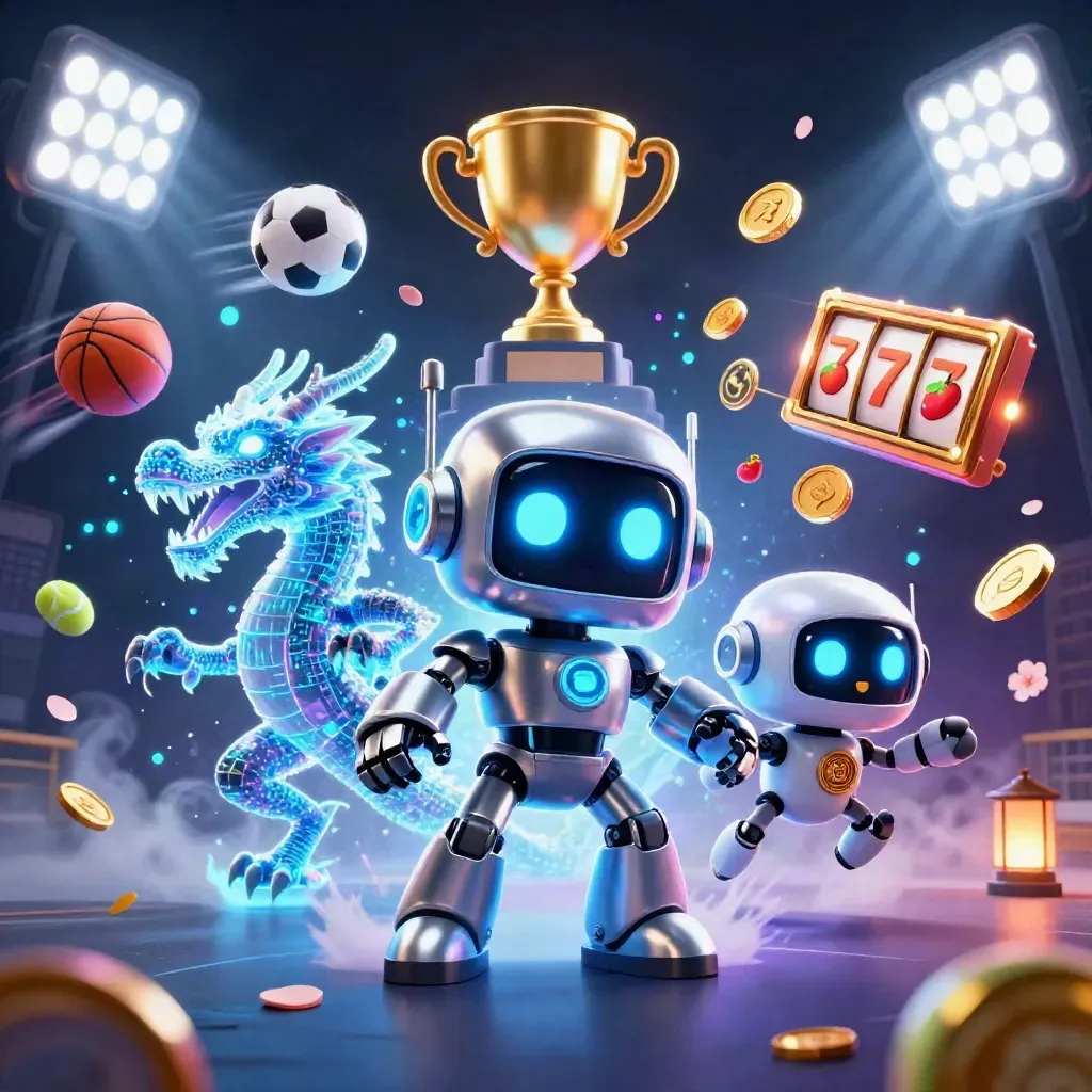 Robô cyberpunk, dragão holográfico e drone em cena neon com bolas, moedas e símbolos de slots.
