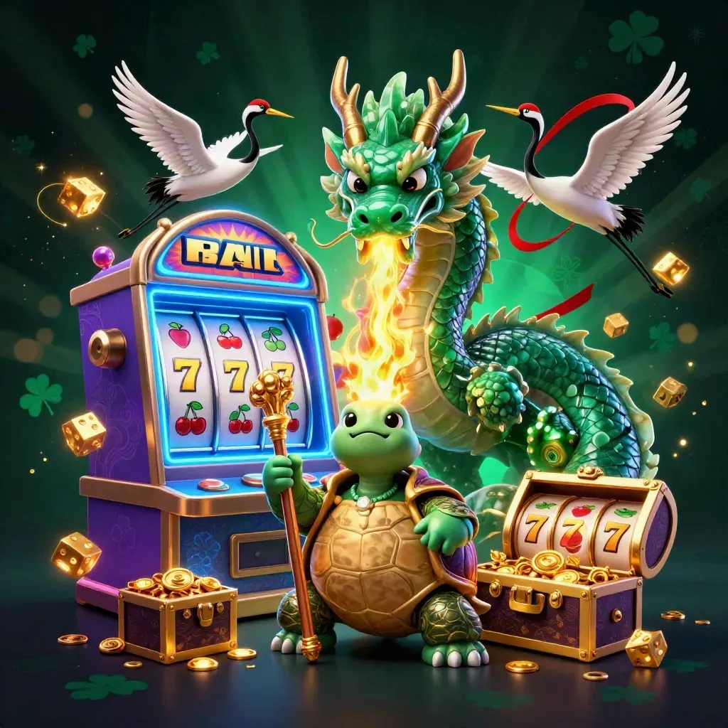Dragão de jade, tartaruga sábia e garças em cena vibrante de caça-níquel com ouro e luz neon.