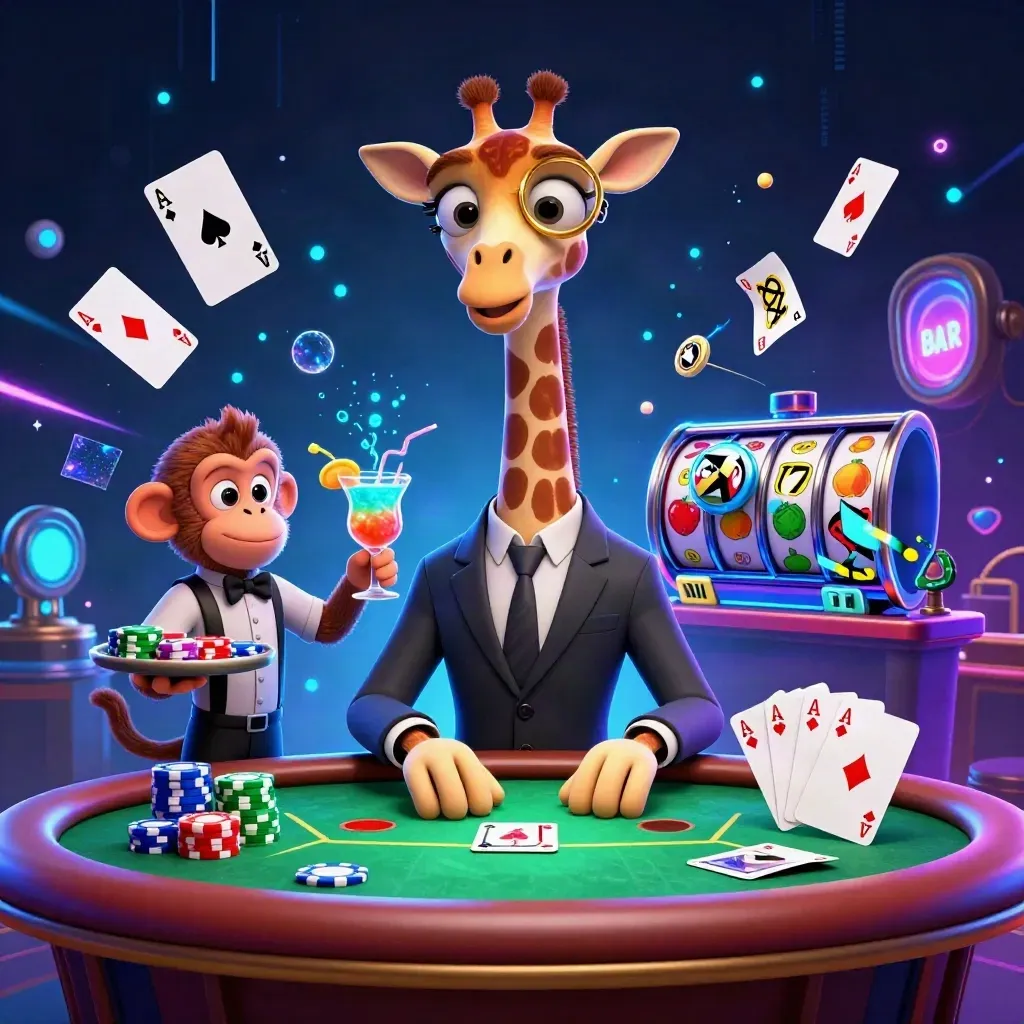 Girafa, macaco e camaleão em mesa de pôquer neon com fichas e caça-níqueis.