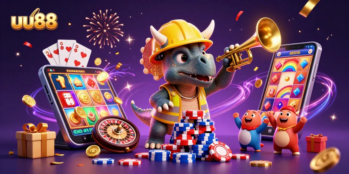 Experience excitement at uu88 with vibrant casino elements in a celebratory 3D illustration.