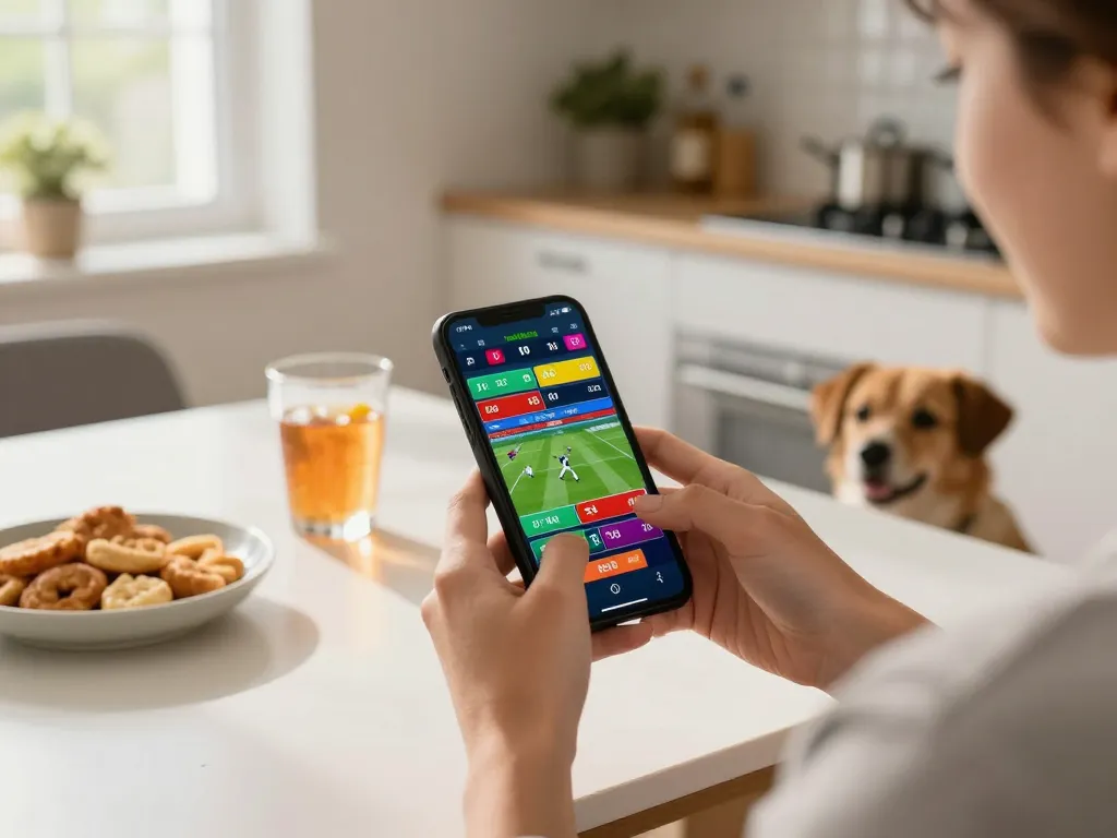 Interagindo com o app 12Bet em um smartphone para apostas esportivas emocionantes em casa.