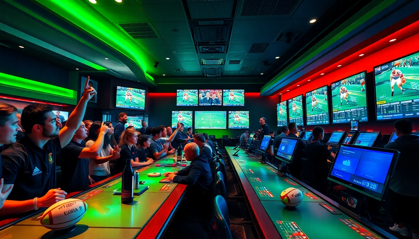 Pari sportif rugby avec un public enthousiaste dans un casino vibrant.