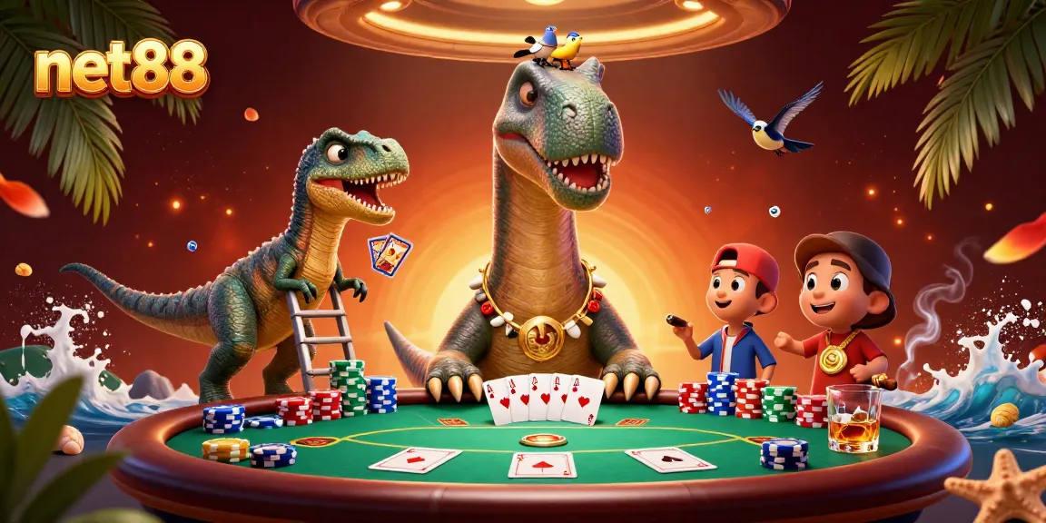 Engage with net88 poker action featuring a giant brontosaurus and clever dealer raptor.