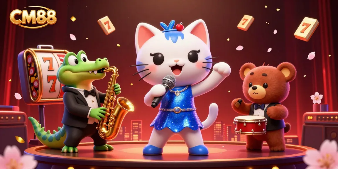 Experience thrilling slots with CM88 featuring a jazzy cat, crocodile, and bear on stage.