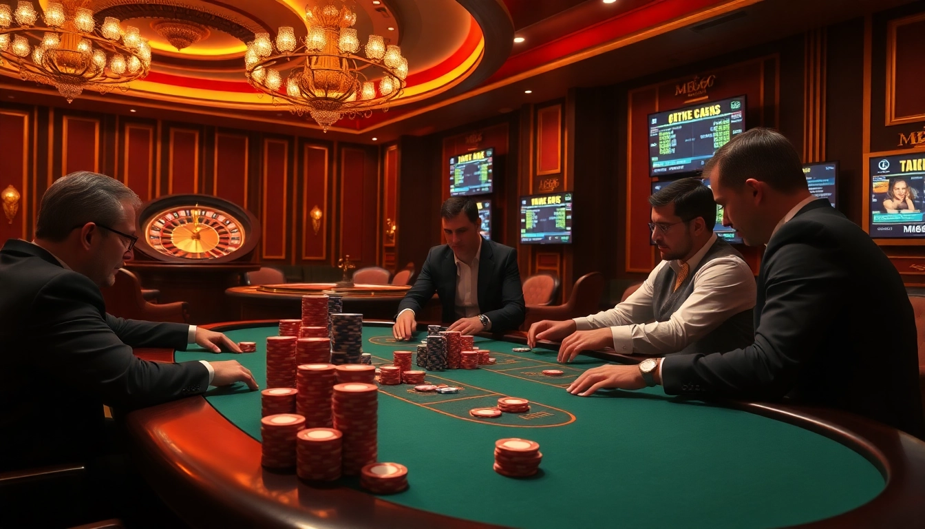 Experience thrilling poker gameplay at mb66's luxurious casino table, featuring vibrant chips and an engaging dealer.