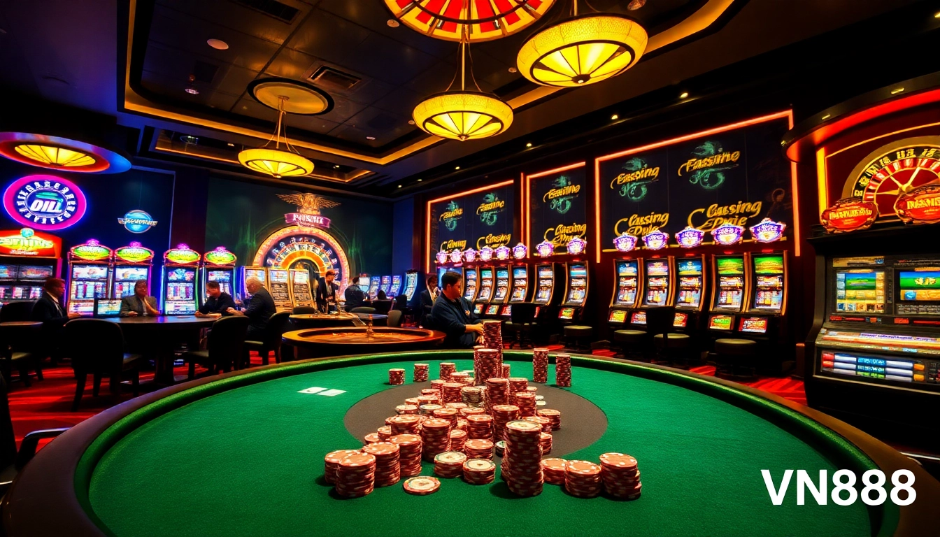 Experience the excitement of VN888 with players engaging at poker tables and vivid slot machines.