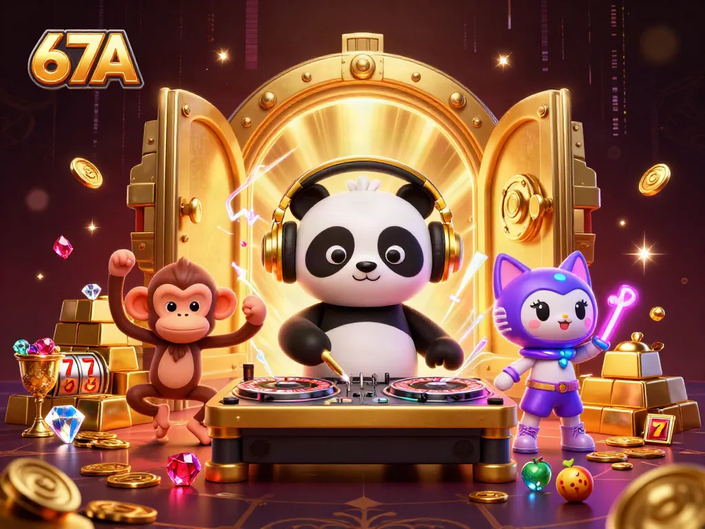 Experience high-energy gambling with 67A as DJ panda spins on roulette wheels among vibrant casino treasures.