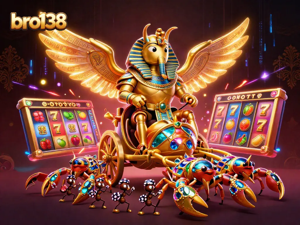 Engage with the thrilling bro138 casino scene featuring glowing slot machines and animated golden characters.