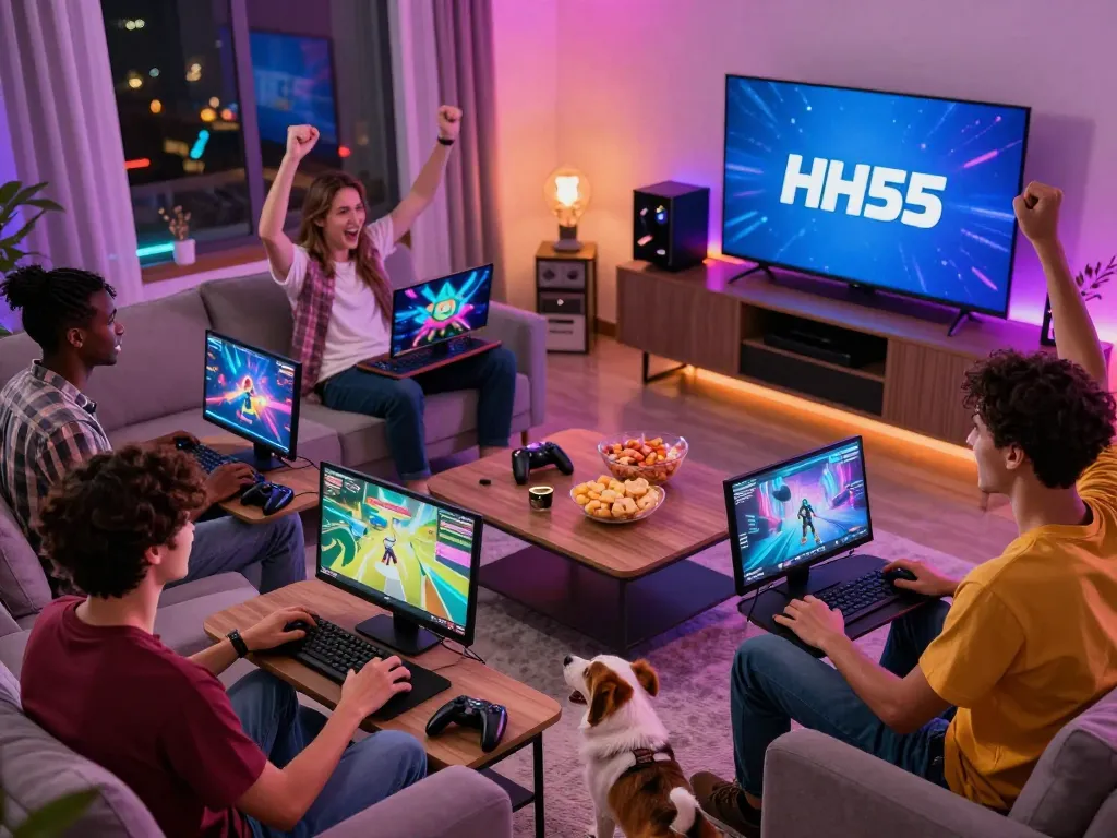 Friends enjoying games on the HH55 platform in a lively living room setting with snacks and vibrant LED lights.
