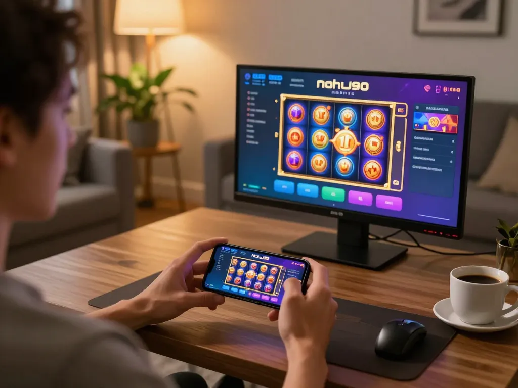 Nohu90 player enjoying mobile gaming experience with vibrant slot graphics in cozy setting