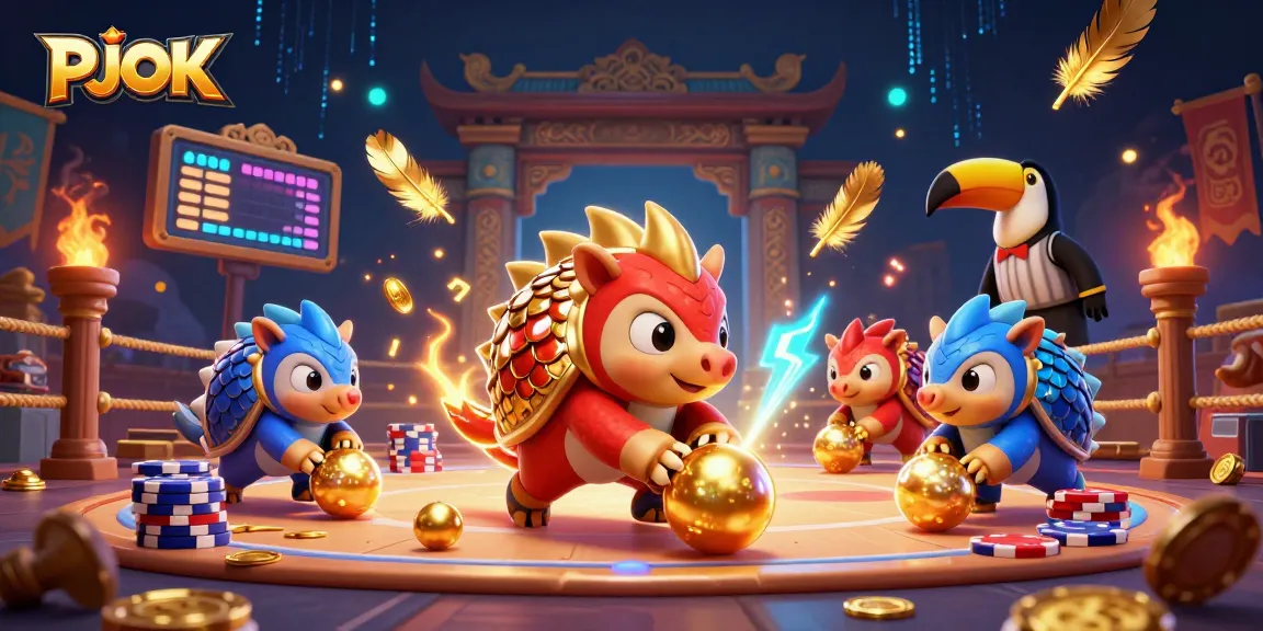 PJOK casino features playful rival pangolins bowling with poker chips in a dynamic gaming scene.