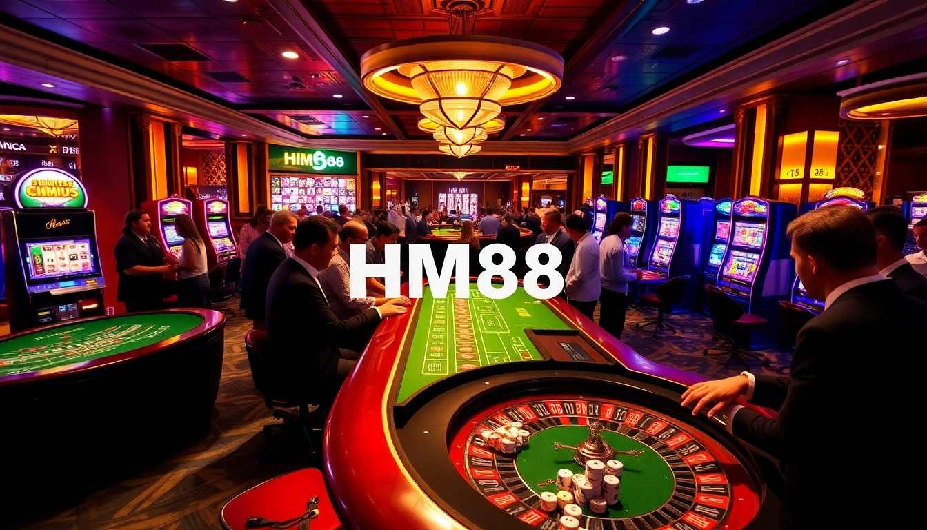 Experience the excitement of HM88 casino with players at a vibrant blackjack table and flashing slot machines.