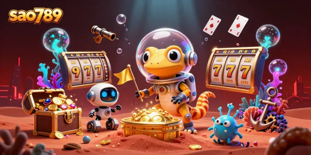 Uncover winning thrills at sao789 with an illustrated scene showcasing a Martian gecko and a vibrant casino.
