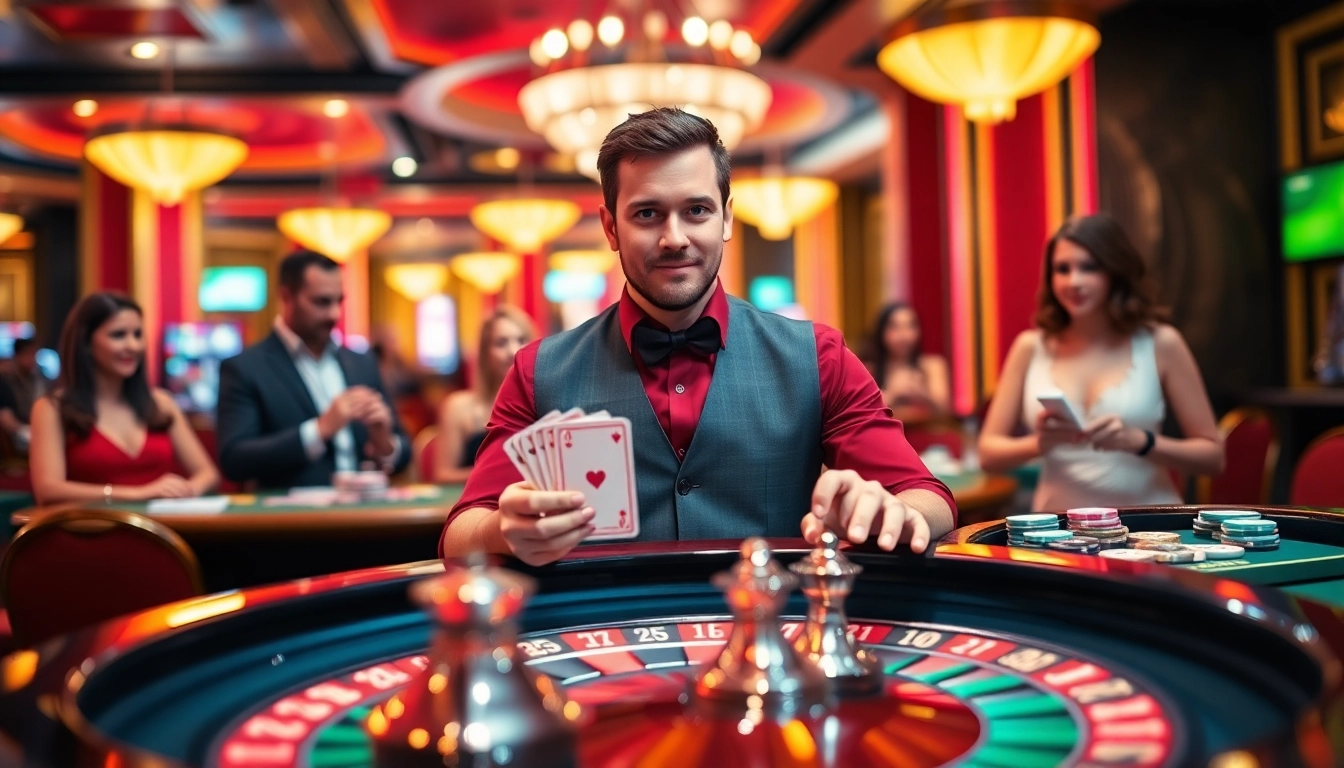 Découvrez un casino en ligne fiable avec un croupier souriant et des jetons colorés.