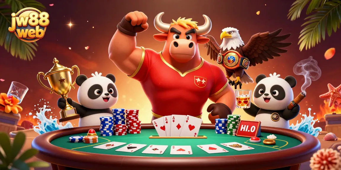 Experience thrilling games at jw88 web with a victorious bull mascot and dynamic casino elements.