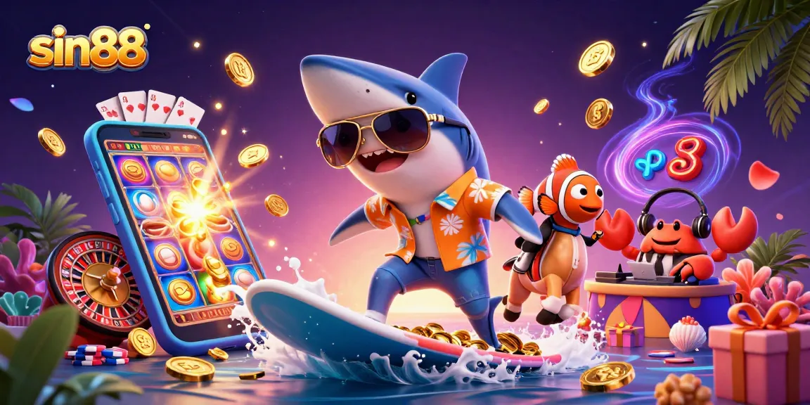 Experience the thrill at sin88 with a playful 3D casino scene featuring a shark and colorful game elements.