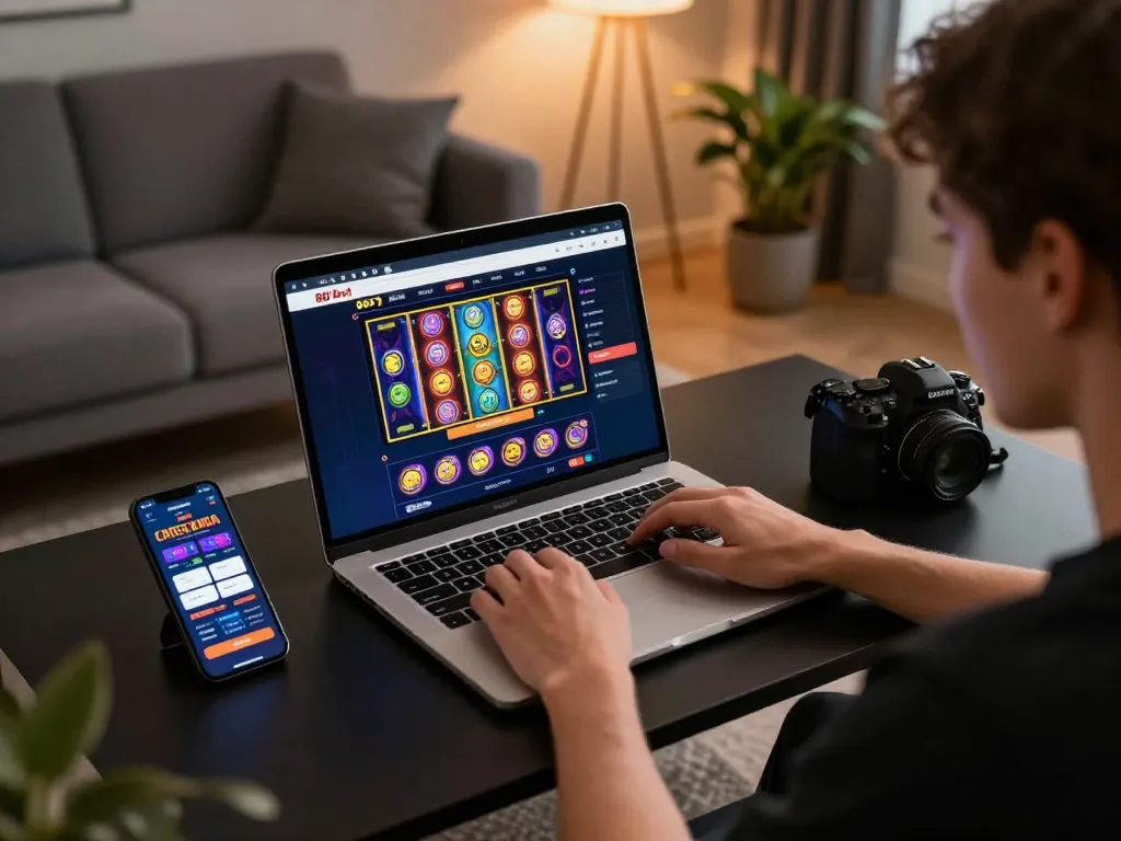 Jogue jogos empolgantes na plataforma da 887bet com um usuário focado em seu laptop, exibindo a empolgação dos jogos online.