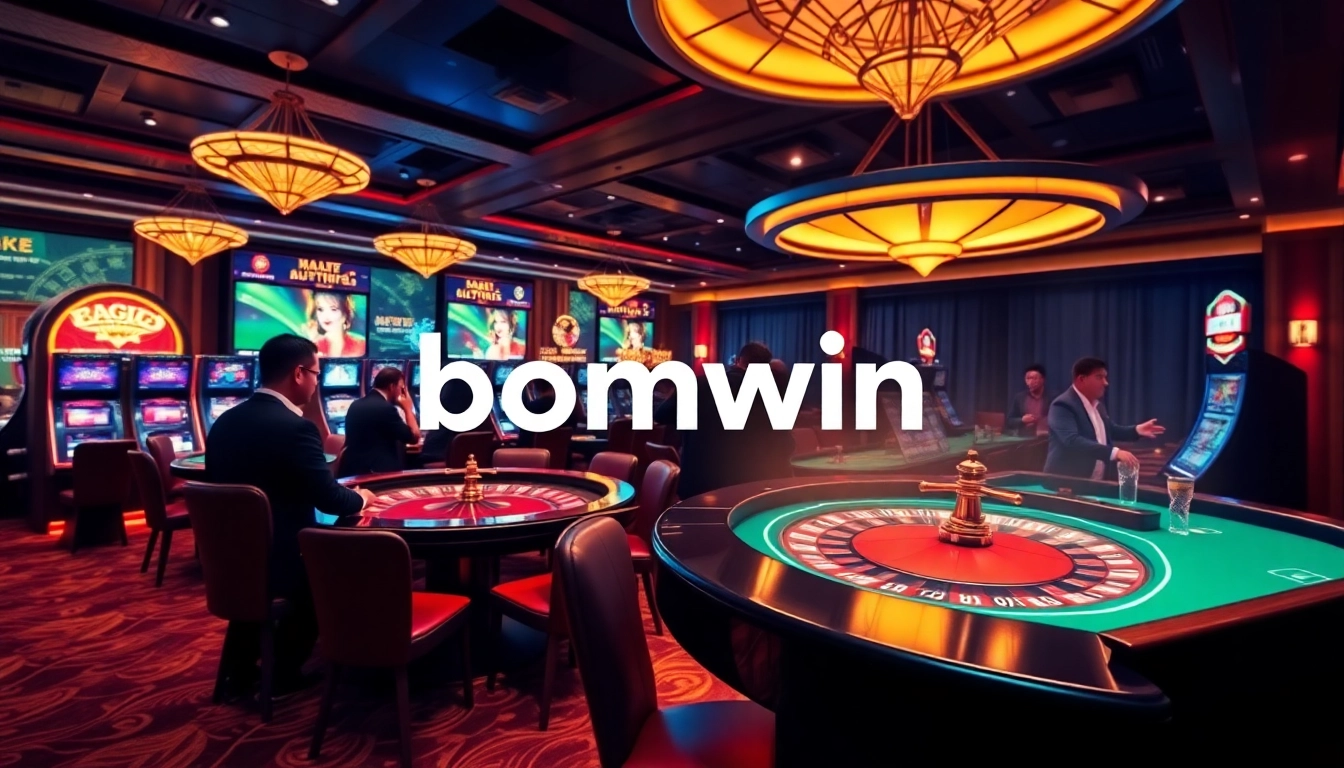 Engaging gambling scene showcasing Nhà cái bomwin with poker tables and vibrant slot machines.