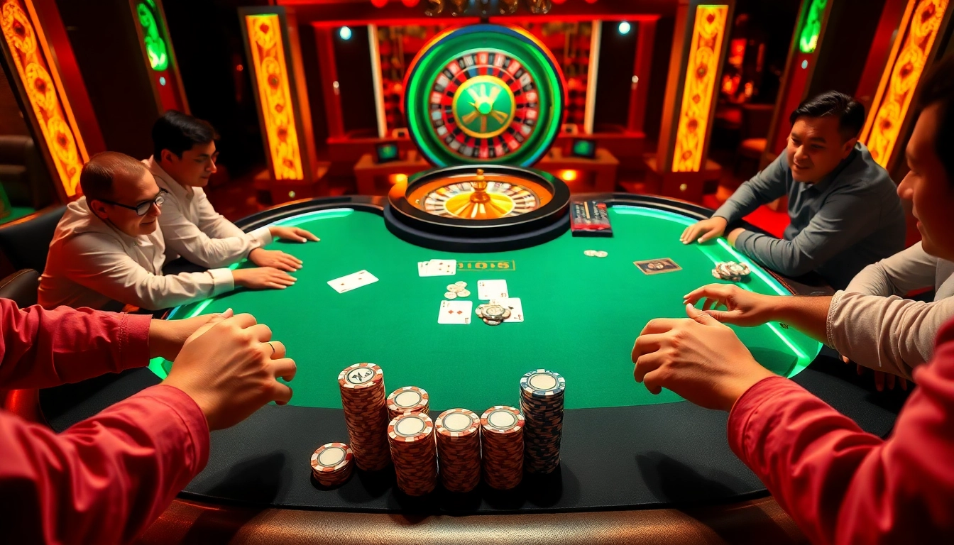 Players strategizing in an exciting poker game at 399w casino, showcasing high-stakes chips and cards.