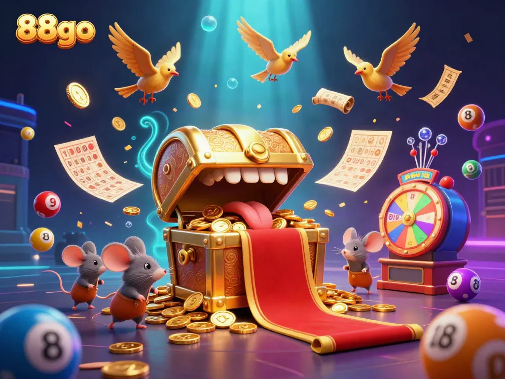 Engage with 88go's thrilling gaming scene featuring golden treasure and vibrant lottery elements.
