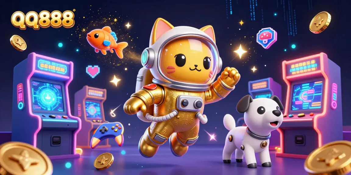 Participe de experiências emocionantes de jogos de azar online no qq888 através de visuais cheios de ação, apresentando um gato astronauta flutuante e elementos de jogos vibrantes.